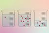 A diagram of three beakers showing different and the same concentrations