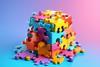 A 3D illustration of a cube shape made up of plastic puzzle pieces in different colours