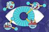 A schematic style cartoon of a giant eye with molecule diagrams around that have images inside representing diamonds, clothing, fuel and pollution