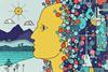 A schematic style cartoon of a human head leaves the overwhelming complexity of chemistry behind to find peace with mountains, a lake and friends.