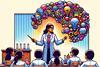 An illustration of a science teacher in front of her class with lots of colourful ideas