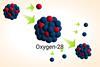 A diagram showing the nucleus of and atom that starts as Fluorine 29 and loses a proton to become Oxygen 28 which then loses four neutrons to become Oxygen 24