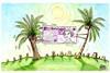 Cartoon - a palm tree and a coconut tree fighting over a banknote