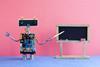 Robot teacher explains modern theory. Classroom interior with empty black chalkboard. Pink blue colorful background.