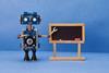 Distance education online learning concept. Robot teacher, abstract classroom interior with empty blackboard. Blue wall background.
