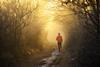 A runner jogs along a frosty lane