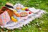 Picnic set out with basket, hat, pastry pie, books and fruits on a blanket on grass