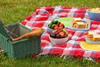 Green wicker picnic basket, bowls of fruit and sandwiches on a blanket