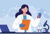 Scientist in a white lab coat and blue gloves holds a test tube with red liquid, surrounded by lab equipment
