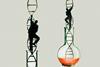An illustration of people climbing DNA strands out of lab equipment