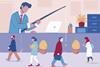 A cartoon of an oversized man in an office using a fishing rod to try and catch small people walking by in the street