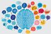 A drawing of a brain surrounded by blue speech bubbles containing the elements of chemistry and multicoloured bubbles of creativity and application of chemistry