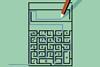 A pencil traces a path through a maze puzzle shaped like a calculator