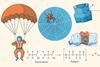 A parachutist brushing his teeth, a spider and web, a bulletproof vest, a crushed plastic bottle and a chemical equation for the formation of a protein from amino acids, producing a water molecule
