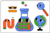 A smiling cartoon conical flask which has some features of a calculator surrounded by other cartoons of smiling pencil, equals sign, magnifying glass and globe.