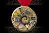 A large cartoon medal with images of working chemists on