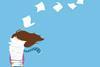 Cartoon image of students with pile of papers obstructing our view of her face and a few sheets flying away in the wind