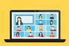 A laptop with multiple people having an online conference call on a yellow background