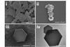 Four black and white micrograph images of crystals in the shape of hexagons