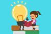 Graphic of lady reading a book with a lightbulb person and both sitting on a pile of books