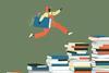An image showing a student jumping over books