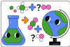 A cartoon conical flask helps a cartoon globe work through balancing a chemical equation.