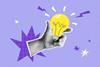 Grey hand holding a cartoon yellow light bulb on purple background