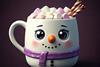 3d hot chocolate mug with marshmallows in the shape of a cute kawaii snowman wearing a purple scarf with big eyes