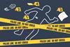 A cartoon of a murder crime scene with police tape and numbered evidence