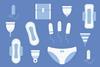 An illustration showing different types of period products, from pads to tampons to cups