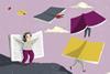 A cartoon of people flying away with giant books for wings