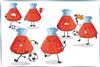 Chemical flasks as cartoon characters playing football. In one pair one is getting angry while another shows him a red card. Another pair one is concentrating on the ball while being cheered by the other waving a flag. The final pair are passing the ball.