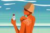An image showing a person on the beach applying sunscreen on their skin, which looks like a piece of coral on their back