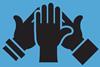 Three hands holding on a blue background