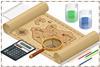 A treasure map, a calculator and some beakers of chemicals to be used in the search for X