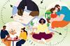 A montage of teachers enjoying time off to mark work, meet friends, do yoga and look after their children