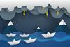 A graphic image showing white paper boats on a blue sea during a storm, with grey clouds and lightning bolts