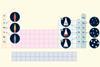 A periodic table showing the coloured flames of Group 1, the different states at room temperature for group 7 and the increasing atom size in group 0.