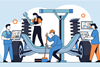Mechanics using computers and tools to fix a car chassis