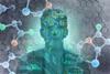 Circuit board and molecules over silhouette of man