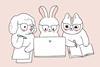 A cute cartoon dog, rabbit and cat working together at a laptop