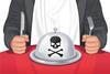 An illustration of a man wearing a white napkin (head out of shot) with a knife and fork sitting down to a plate with a skull and crossbones on, warning of toxic foods