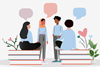Cartoon of four students sitting on oversized books having a discussion.