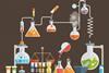 An assortment of flask and equipment in a chemistry lab actively bubbling and brewing in a variety of ways