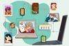 An illustration showing remote teaching, with digital devices, chemistry icons and pupils