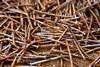 A close-up photograph of a heap of long rusty nails