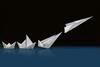A 3d illustration of some origami made from structure strips. The origami develops from a simple boat through other more complex boats to a sleek paper airplane which is taking off.