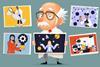 A cartoon old white male scientist holding up drawings of scientists from a range of backgrounds