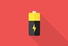 Cartoon black and yellow battery on red background with lightening symbol