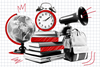 An illustration of a globe, a clock, books, loudspeaker and a backpack